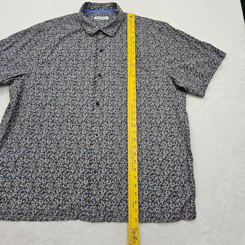 Tommy Bahama Shirt Mens XXL Grey Blue Geometric Silk Hawaiian Resortwear Beach - Picture 6 of 11